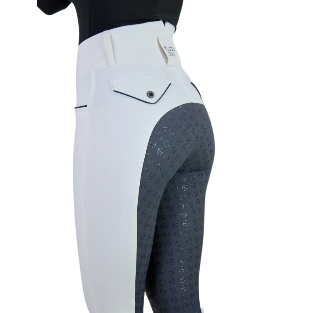 Halter Ego Women's Evolution High Waist Full Grip Breeches - White/Gray, back view on white background | Malvern Saddlery