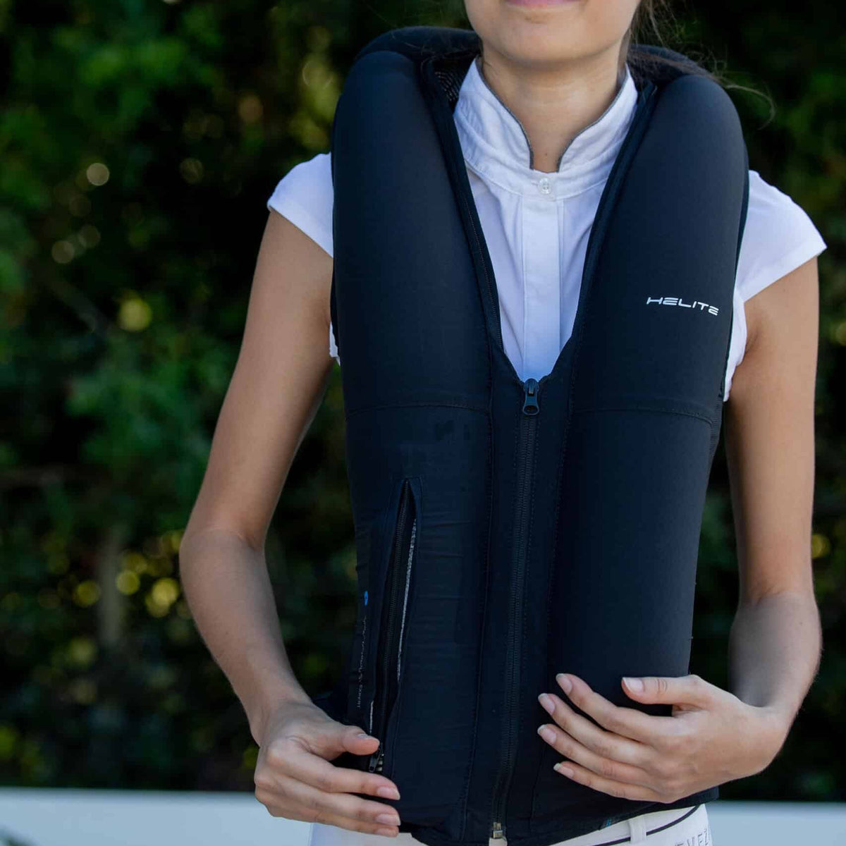 Helite Zip'In 2 Airbag Vest - Black, inflated, front | Malvern Saddlery
