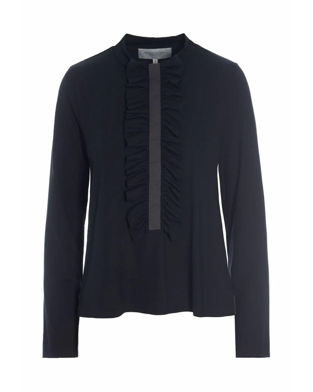 Henriette Steffensen Frill Blouse -Black long-sleeve blouse with ruffle details on a white background | Malvern Saddlery