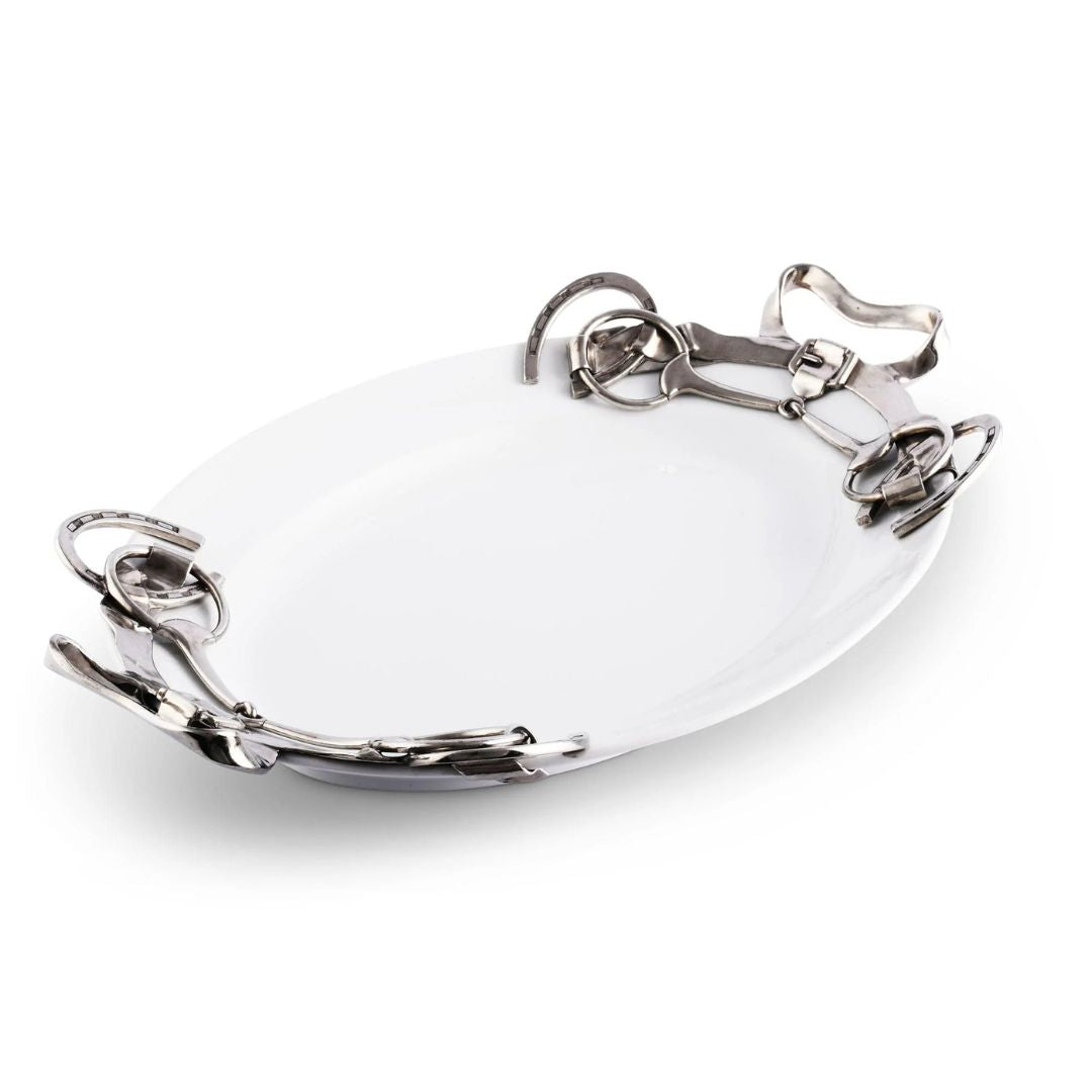 Horseshoe & Bit Tray - White platter with silver handle decoration | Malvern Saddlery