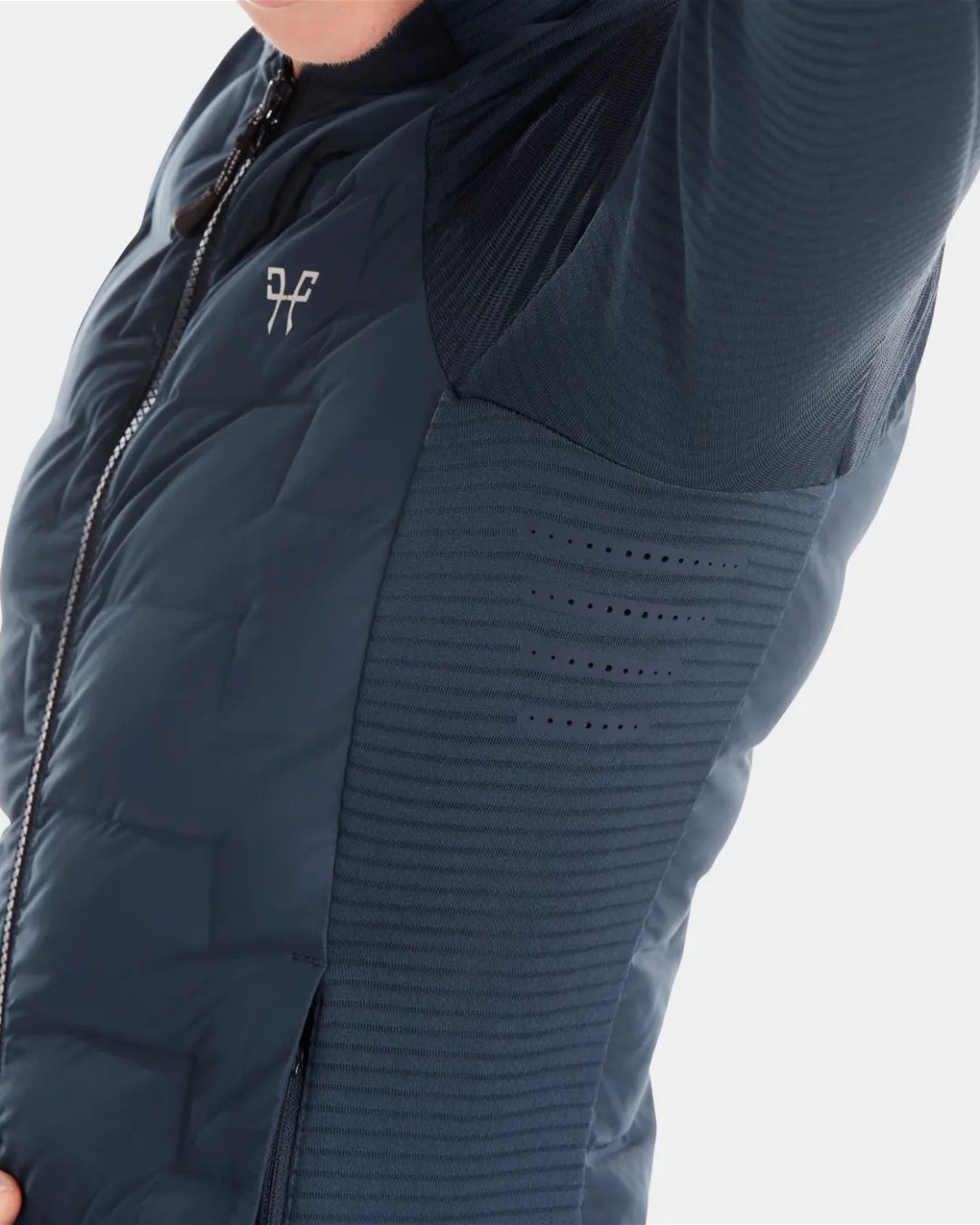 Horse Pilot Women's Storm Jacket - Navy , side view with arm raised, detail perforated for breathability| Equestrian Outerwear | Malvern Saddlery