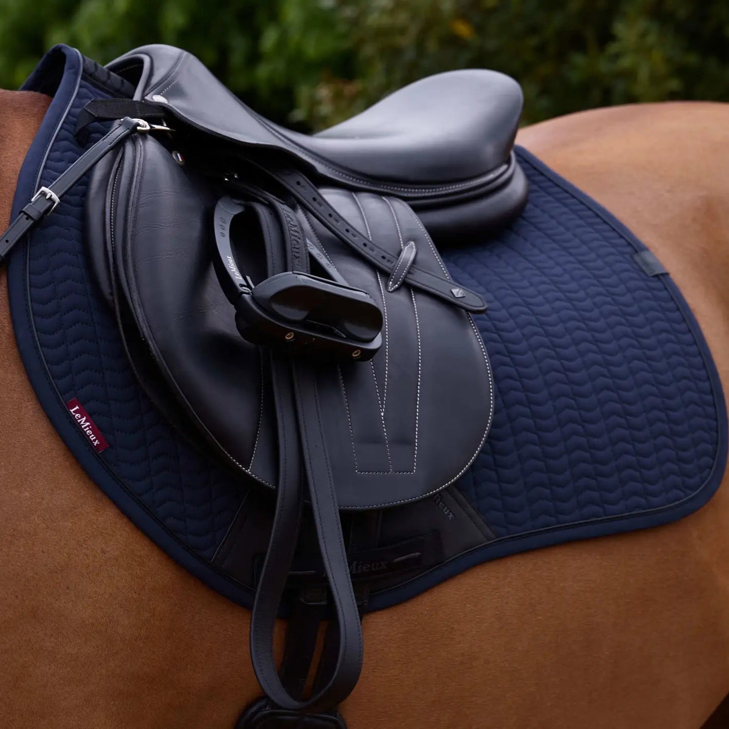 LeMieux Eurojump Square Saddle Pad - Navy, shown on horse with saddle | Malvern Saddlery