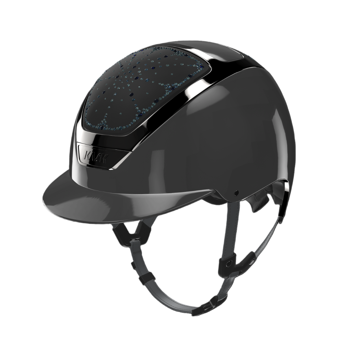 Kask Dogma Shine Equestrian Helmet - Anthracite Shell, Black Chrome Frame, Riviera Montana Blue Swarovski pattern | Malvern Saddlery
