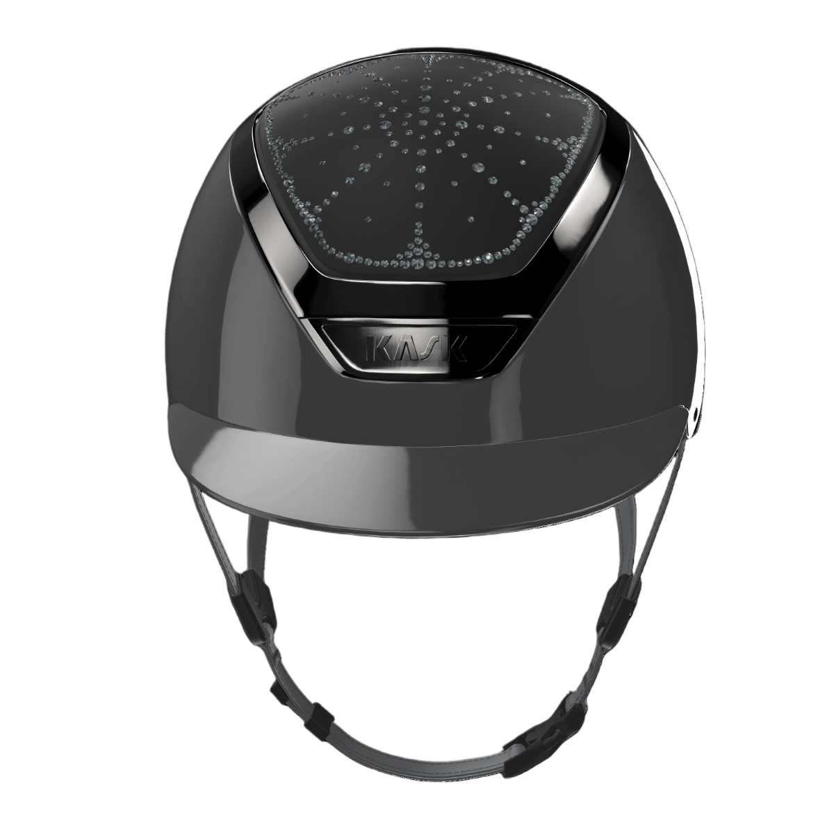 Kask Dogma Shine Equestrian Helmet - Anthracite Shell, Black Chrome Frame, Riviera Crystal Shade Swarovski pattern; front view | Malvern Saddlery