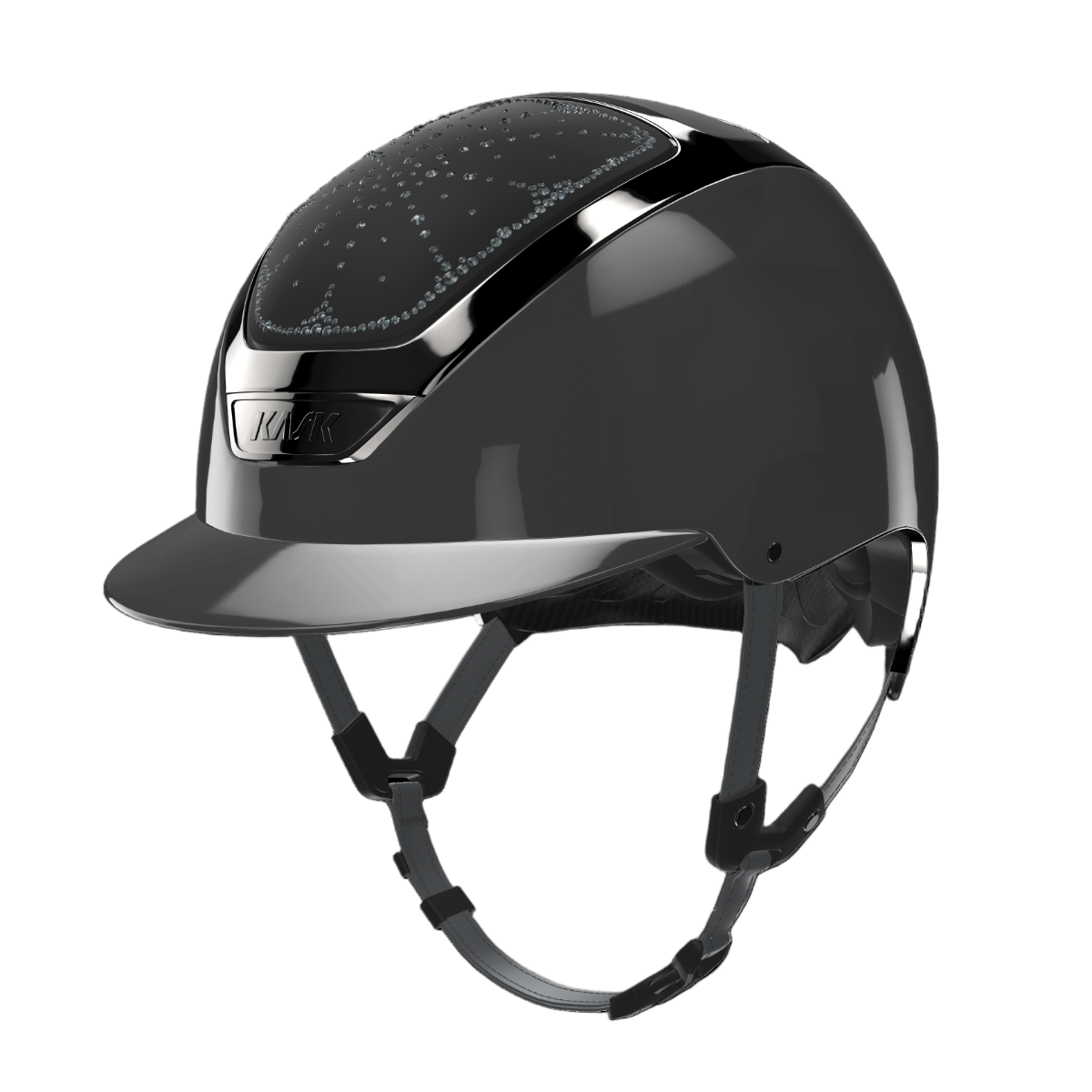 Kask Dogma Shine Equestrian Helmet - Anthracite Shell, Black Chrome Frame, Riviera Crystal Shade Swarovski pattern | Malvern Saddlery