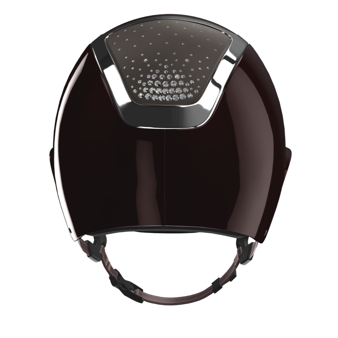 KASK Equestrian Star Lady Shine PASSAGE Helmet - espresso brown Shell, Silver Chrome Frame, Clear Swarovski Crystals; back view | Wide Brim Helmets | Malvern Saddlery