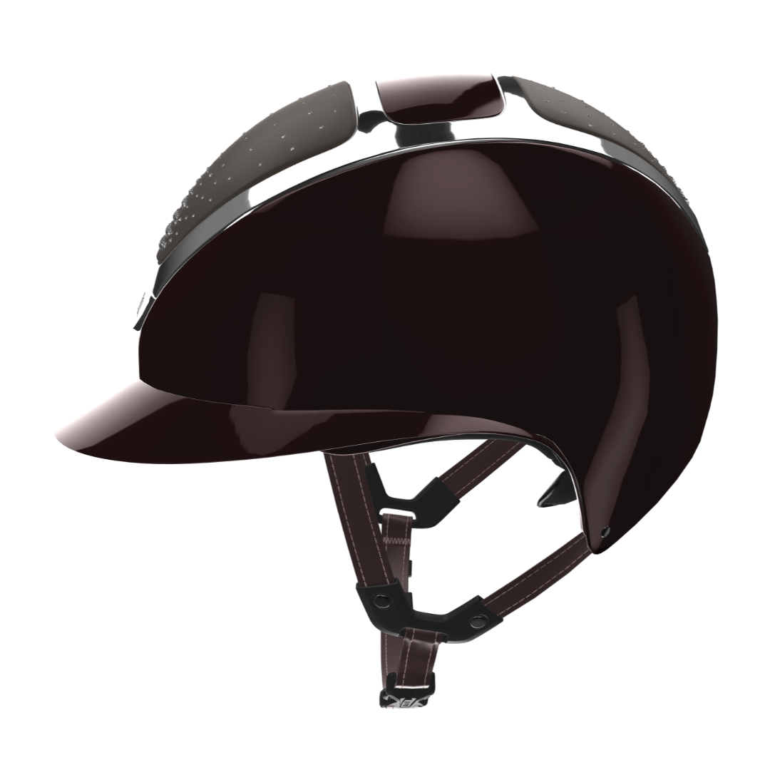 KASK Equestrian Star Lady Shine PASSAGE Helmet - Espresso Brown Shell, Silver Chrome Frame, Clear Swarovski Crystals; side view | Wide Brim Helmets | Malvern Saddlery