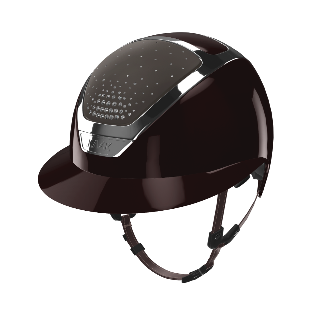 KASK Equestrian Star Lady Shine PASSAGE Helmet - Espresso Brown Shell, Silver Chrome Frame, Clear Swarovski Crystals | Wide Brim Helmets | Malvern Saddlery