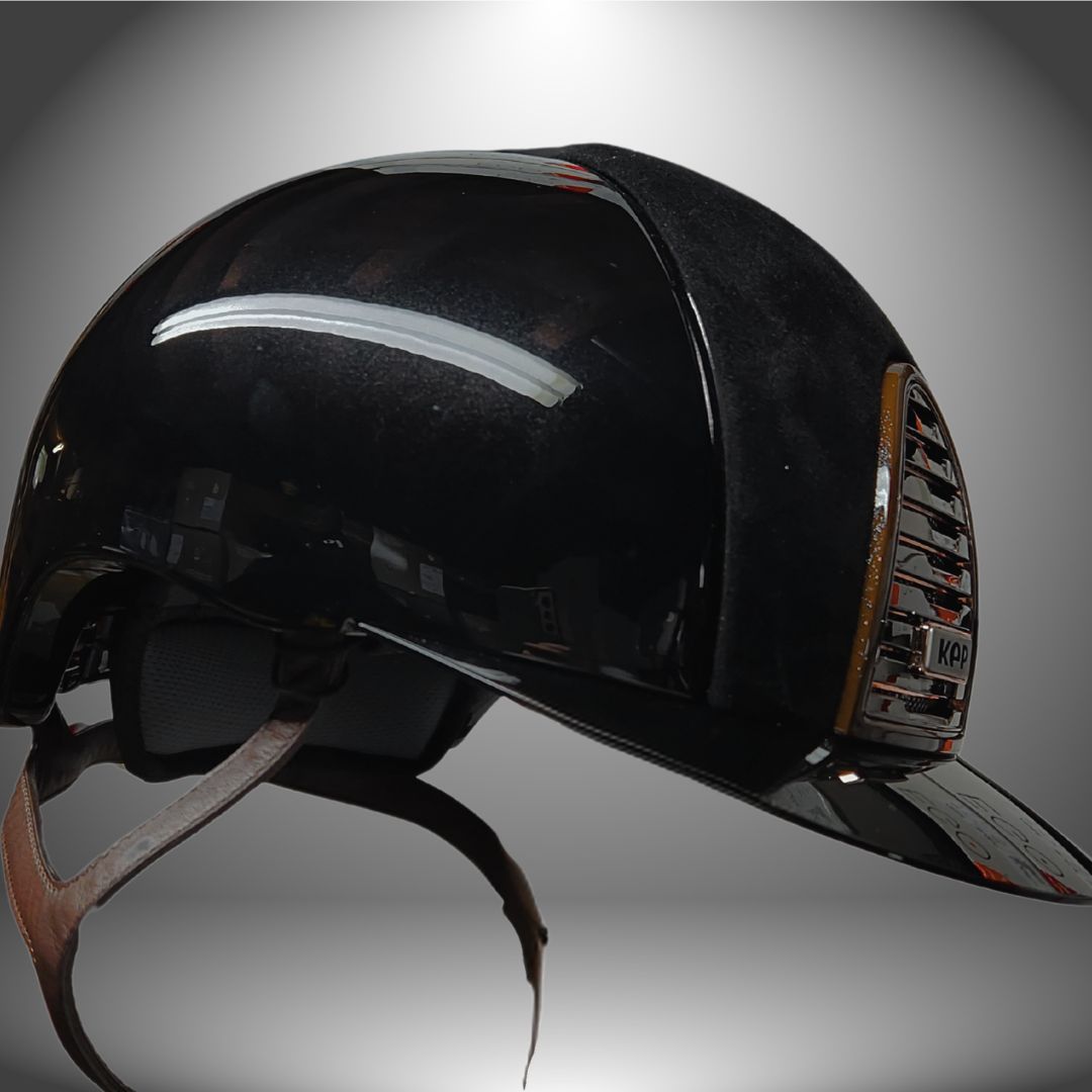 KEP Italia Cromo 2.0 Polish Suede Custom Polo Brim Equestrian Helmet -with brown & rose gold accents; side image shows brown chinstrap | Malvern Saddlery