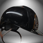 KEP Italia Cromo 2.0 Polish Suede Custom Polo Brim Equestrian Helmet -with brown & rose gold accents; side image shows brown chinstrap | Malvern Saddlery