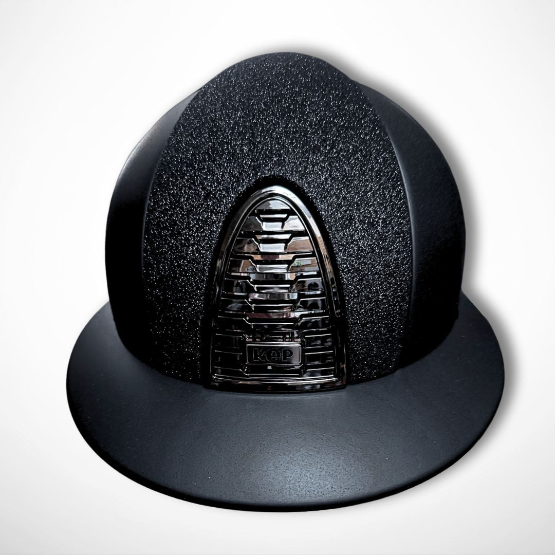 KEP Italia Custom Design Cromo 2.0 Equestrian Wide Brim Helmet - Textured Black finish with sparkle black panel, front view | Malvern Designed | Malvern Saddlery