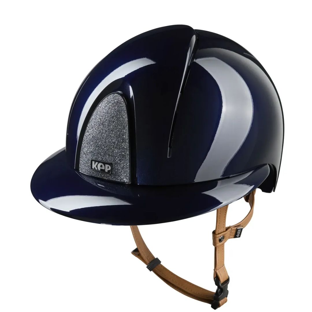 KEP Italia Smart Nova Metal Polish SILVER Star Equestrian Helmet - Polo Brim - Navy w Silver Star grill, tan chinstrap; on white background | Malvern Saddlery