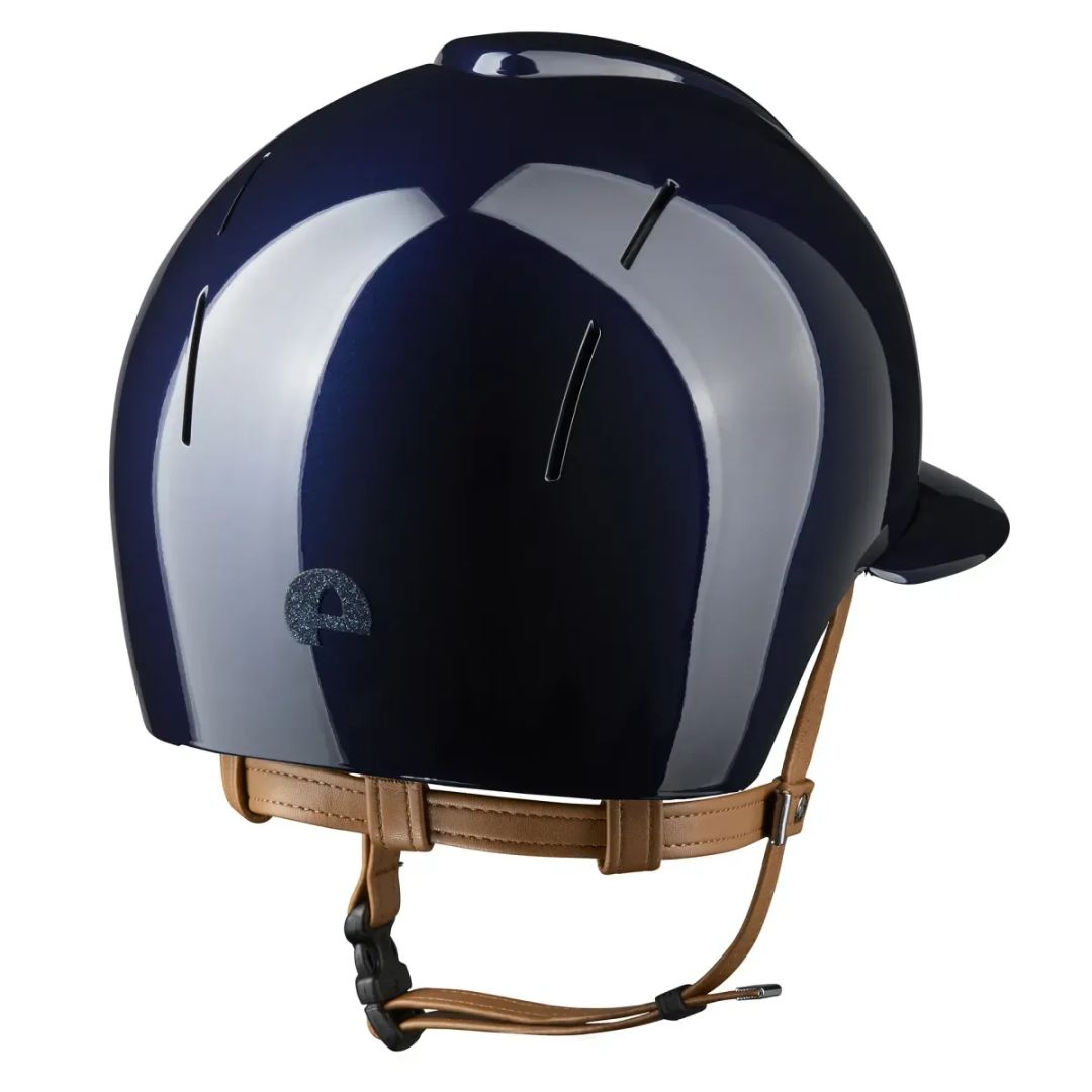 KEP Italia Smart Nova Metal Polish Star Equestrian Helmet - Polo Brim - Black with Star grill, tan chinstrap; back view on white background | Malvern Saddlery
