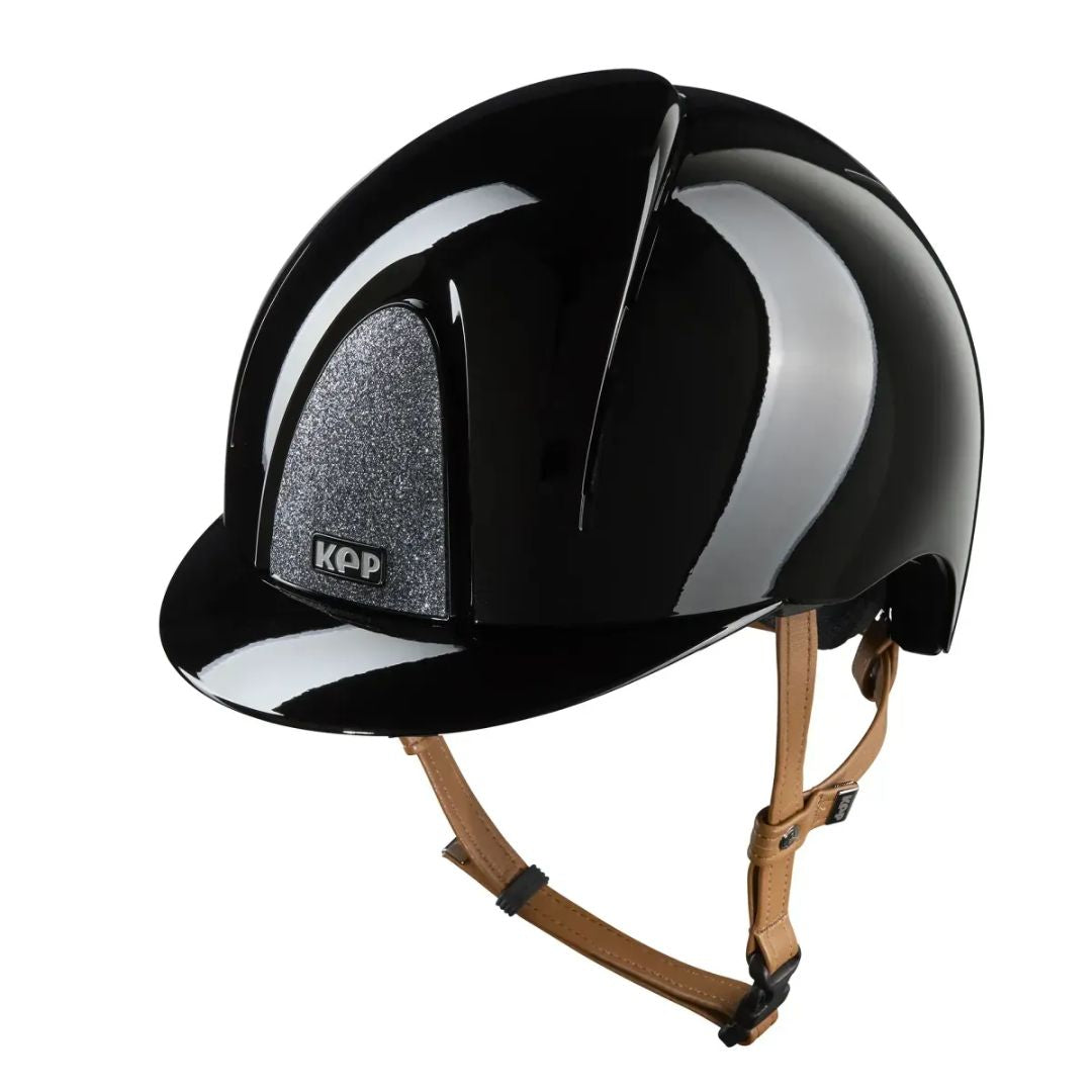 Kep Italia Smart Nova Star Metal Polish Equestrian Helmet - Black with Silver Star grill, tan chinstrap on white background | Malvern Saddlery