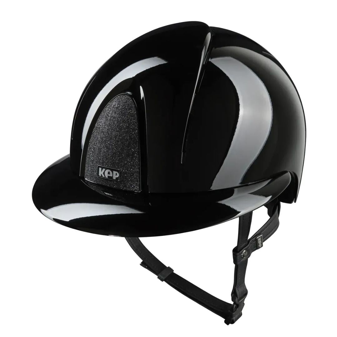 KEP Italia Smart Nova Metal Polish Star Equestrian Helmet - Polo Brim - Black with tone-on-tone star fabric on grill; on white background | Malvern Saddlery