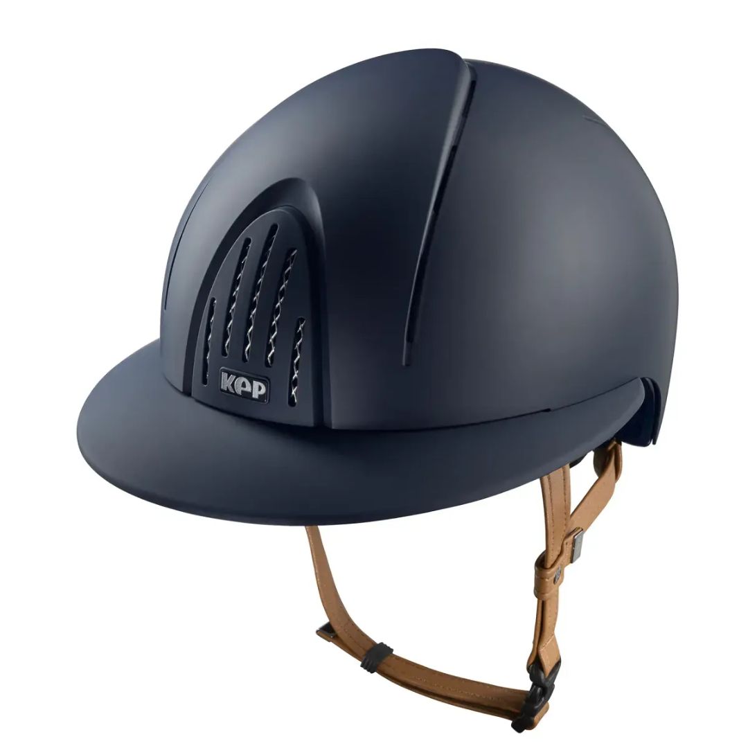 KEP Italia Smart Nova Textile Equestrian Helmet -Polo Brim, Navy, tan chinstrap; on white background | Malvern Saddlery