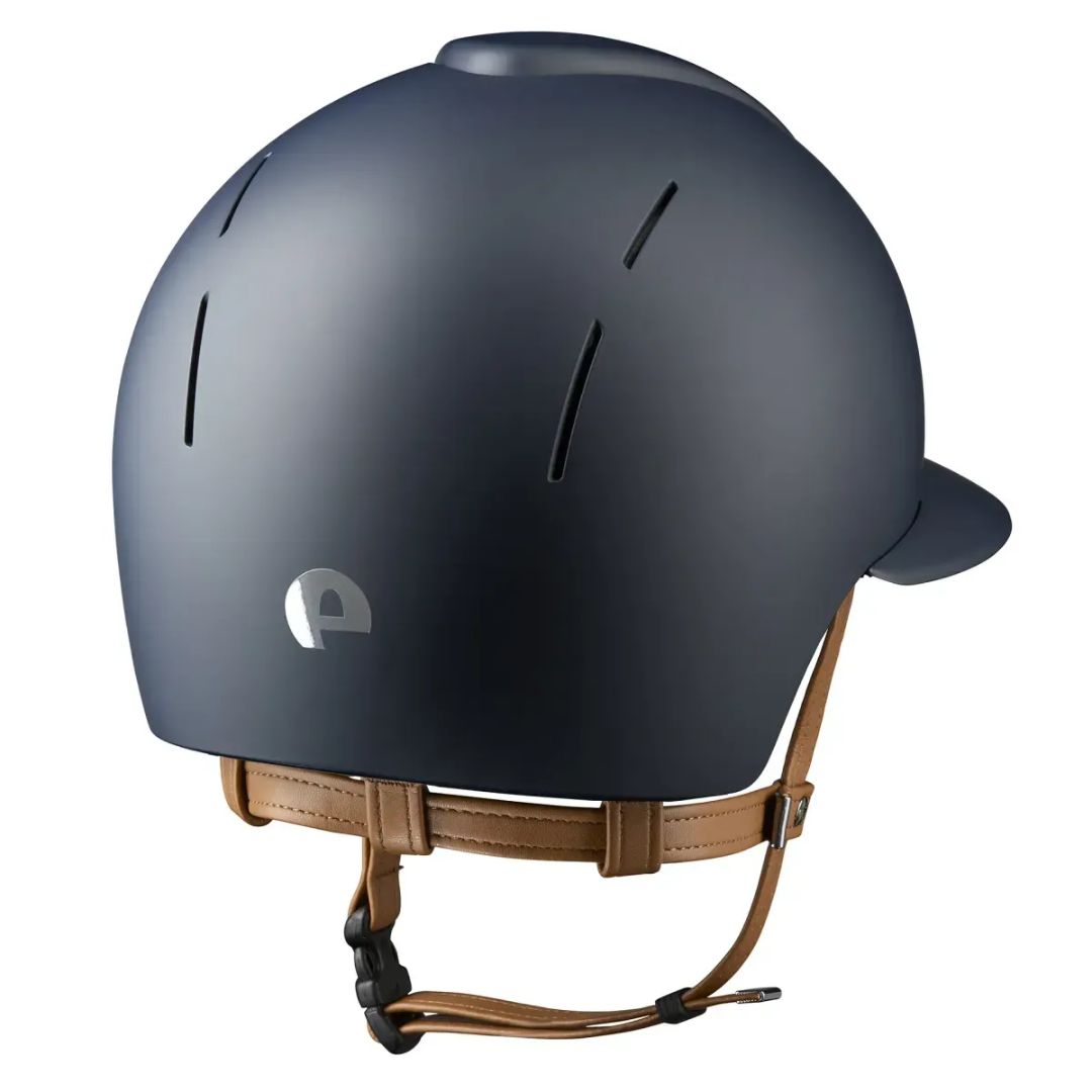 KEP Italia Smart Nova Textile Equestrian Helmet -Polo Brim, Navy, tan chinstrap; on white background | Malvern Saddlery