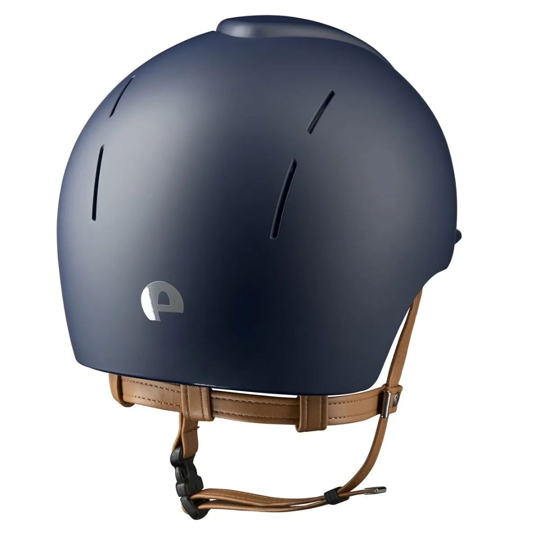KEP Italia Smart Nova Textile Equestrian Helmet - Navy, tan chinstrap; back view on white background | Malvern Saddlery