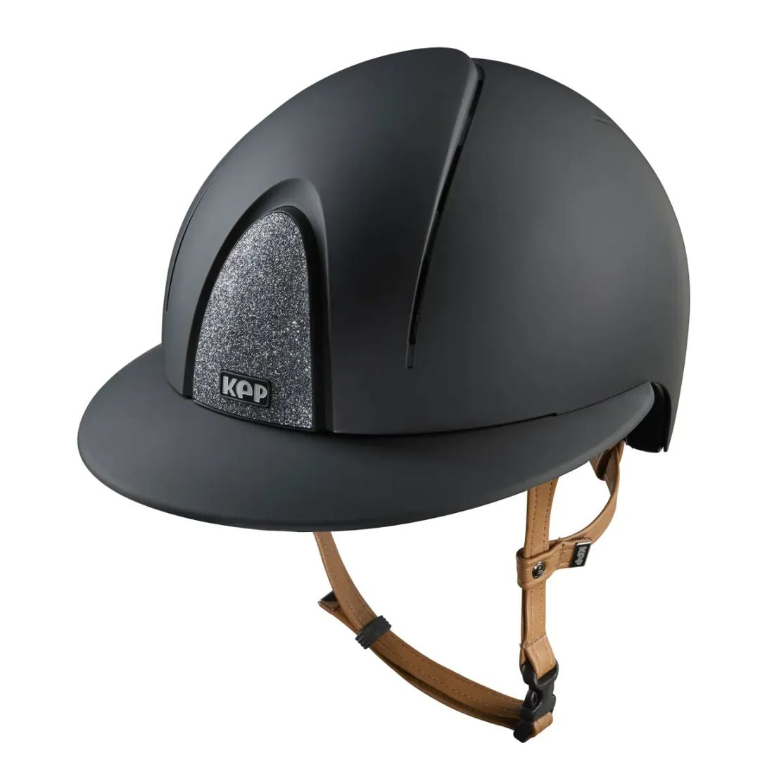 Kep Smart Nova Star Textile Equestrian Polo Brim Helmet - Black with silver star fabric on grill, tan chinstrap on white background | Wide Brim Helmets | Malvern Saddlery