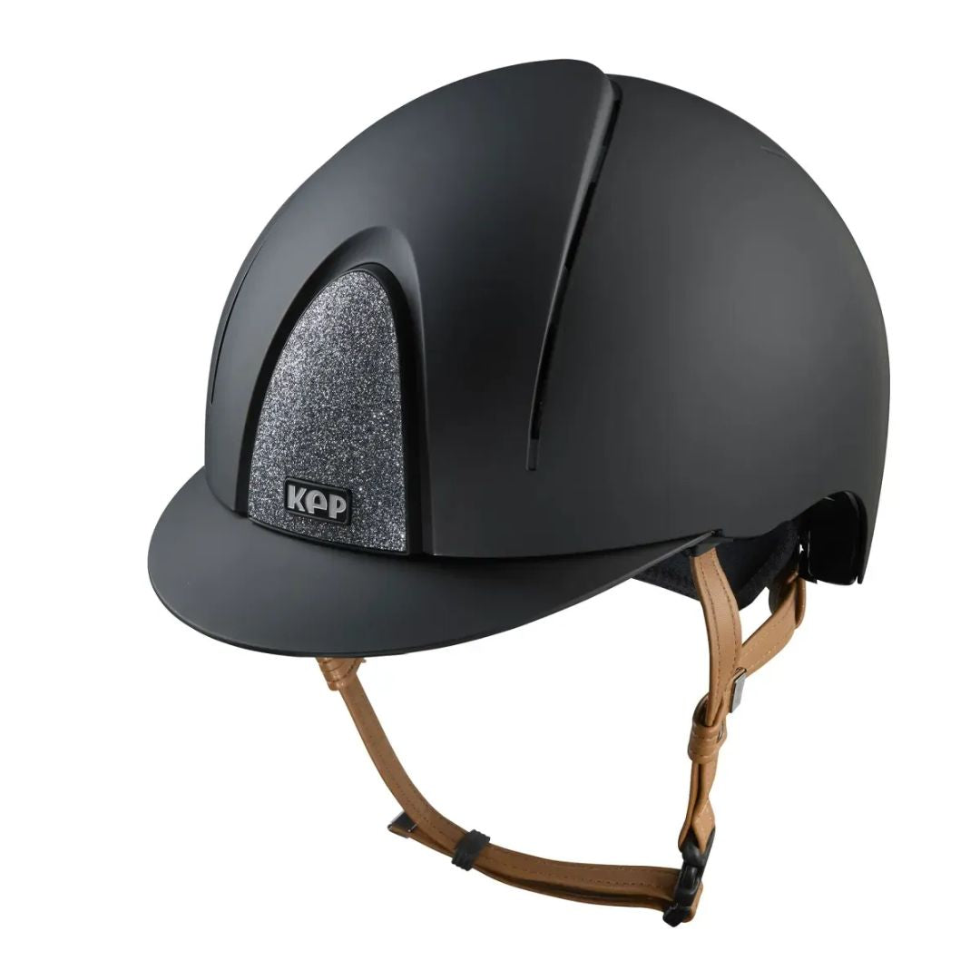 KEP Italia Smart Nova Textile Star Equestrian Helmet - Black/Silver Star Grill, tan chinstrap; on white background | Malvern Saddlery