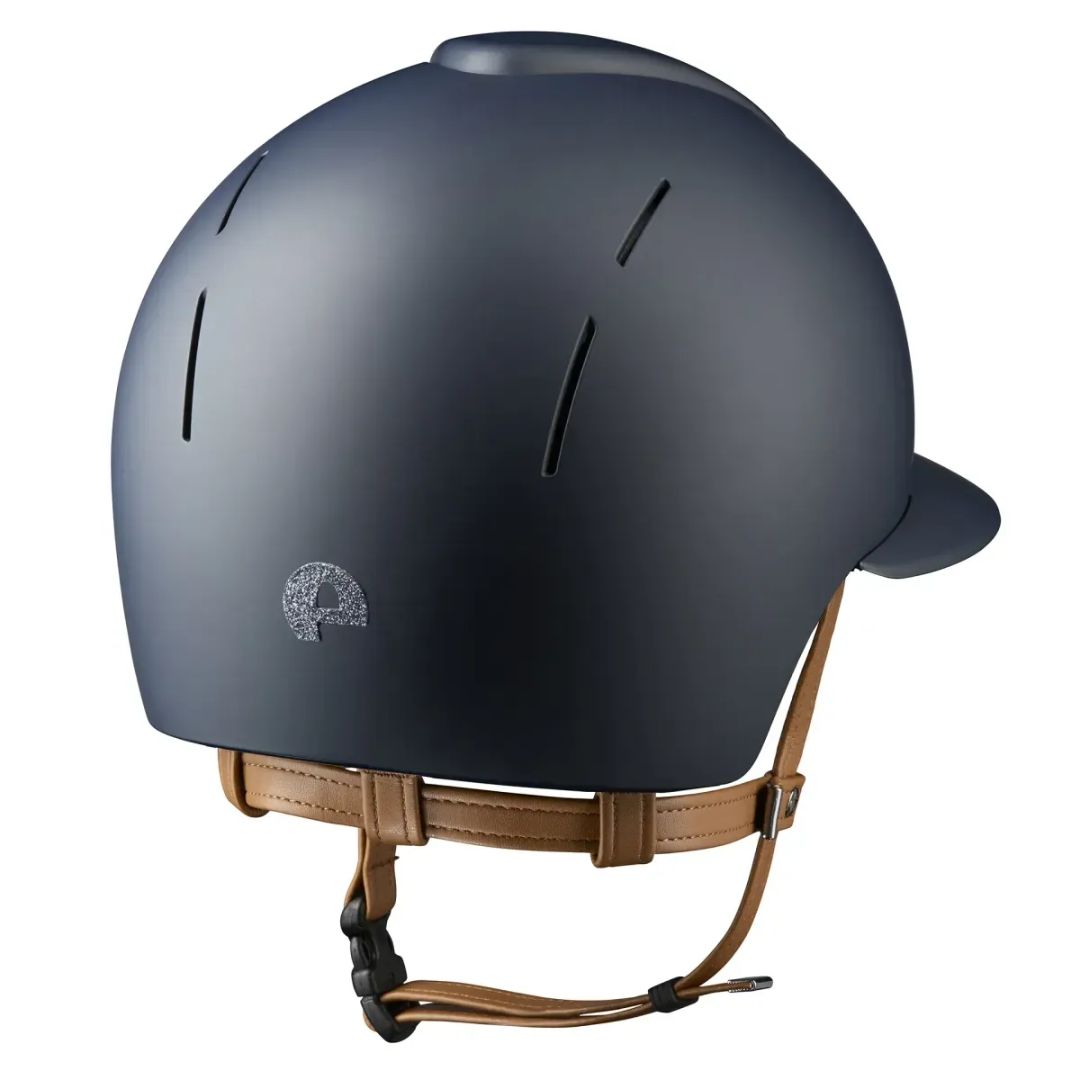 Kep Smart Nova Star Textile Equestrian Polo Brim Helmet - Navy with silver star fabric on grill, tan chinstrap; back view on white background | Wide Brim Helmets | Malvern Saddlery