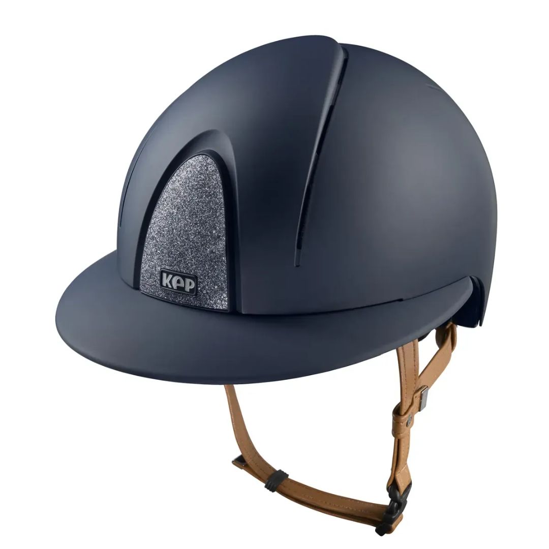 Kep Smart Nova Star Textile Equestrian Polo Brim Helmet - Navy with silver star fabric on grill, tan chinstrap on white background | Wide Brim Helmets | Malvern Saddlery