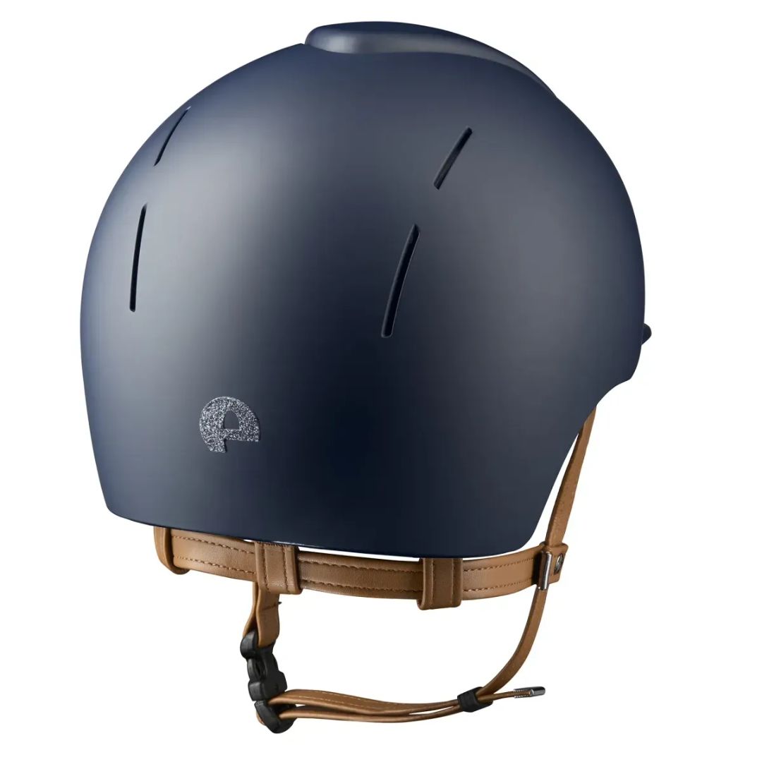 KEP Italia Smart Nova Textile Star Equestrian Helmet - Navy/Silver Star Grill, tan chinstrap; back view on white background | Malvern Saddlery