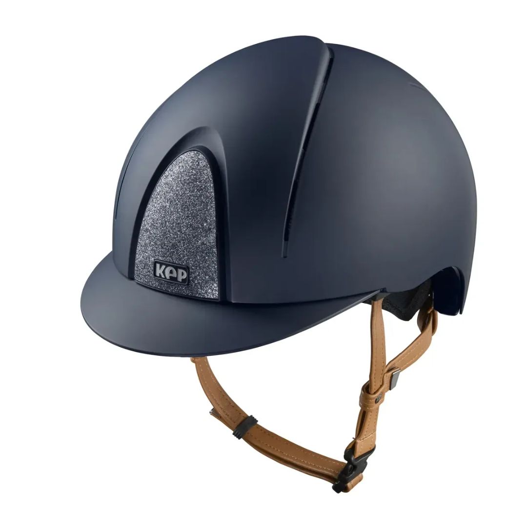 KEP Italia Smart Nova Textile Star Equestrian Helmet - Navy/Silver Star Grill, tan chinstrap; on white background | Malvern Saddlery