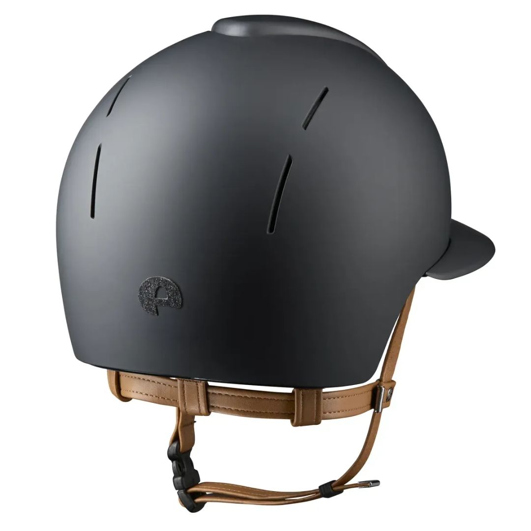 Kep Smart Nova Star Textile Equestrian Polo Brim Helmet - Black with black star fabric on grill, tan chinstrap; back view on white background | Wide Brim Helmets | Malvern Saddlery
