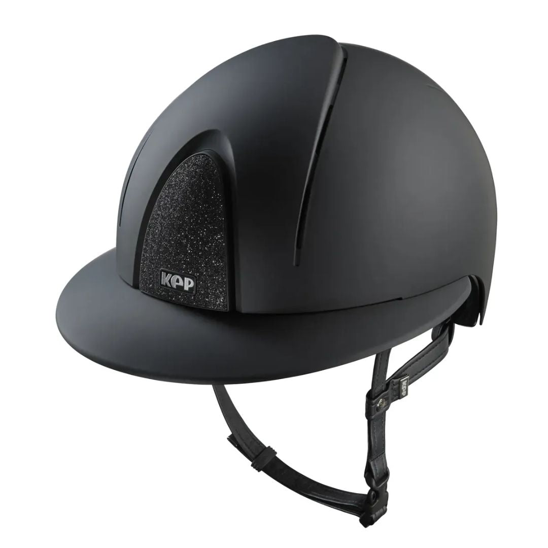 Kep Smart Nova Star Textile Equestrian Polo Brim Helmet - Black with black star fabric on grill on white background | Wide Brim Helmets | Malvern Saddlery