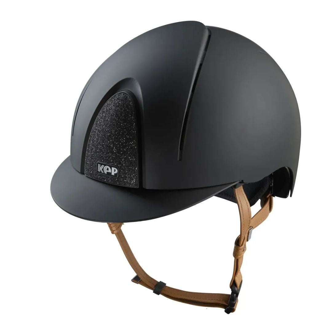 KEP Italia Smart Nova Textile Star Equestrian Helmet - Black/Black Star Grill, tan chinstrap; on white background | Malvern Saddlery