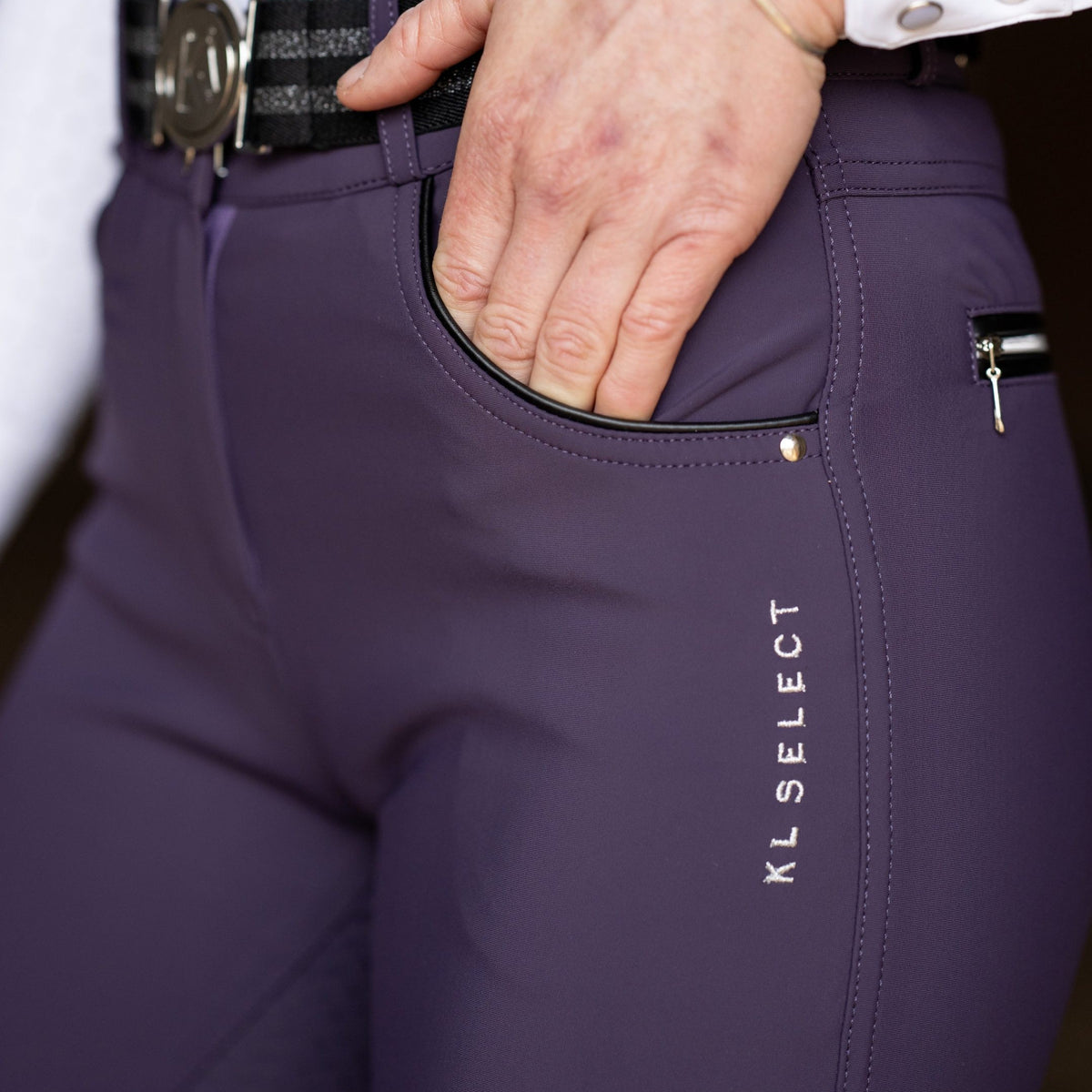 KL Select Women's Gabrielle Full Grip Breeches - Blackberry/Black, side view with hand in front pocket | Malvern Saddlery