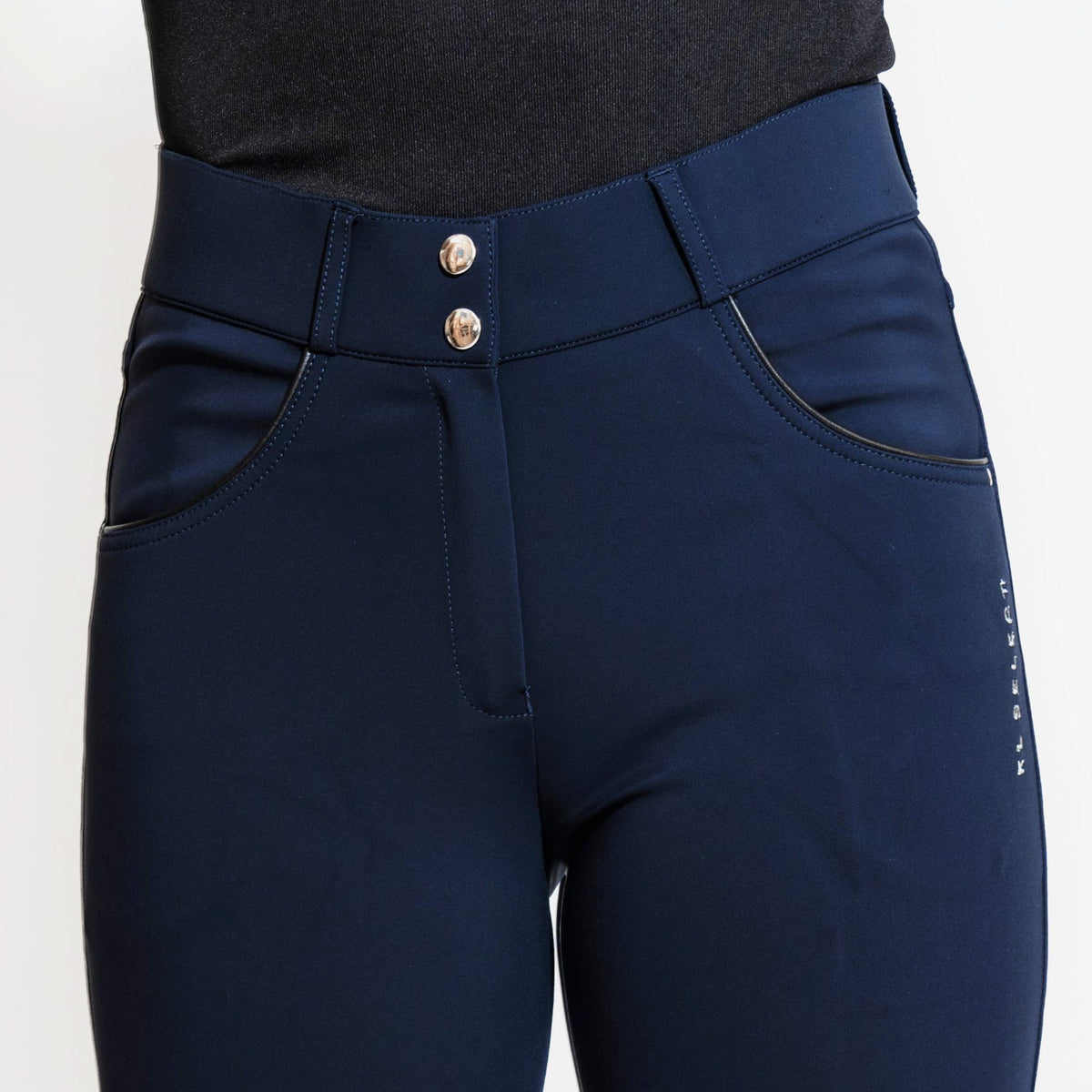 KL Select Women's Gabrielle Full Grip Breeches - Navy/Black, front waist and pockets on white background | Malvern Saddlery
