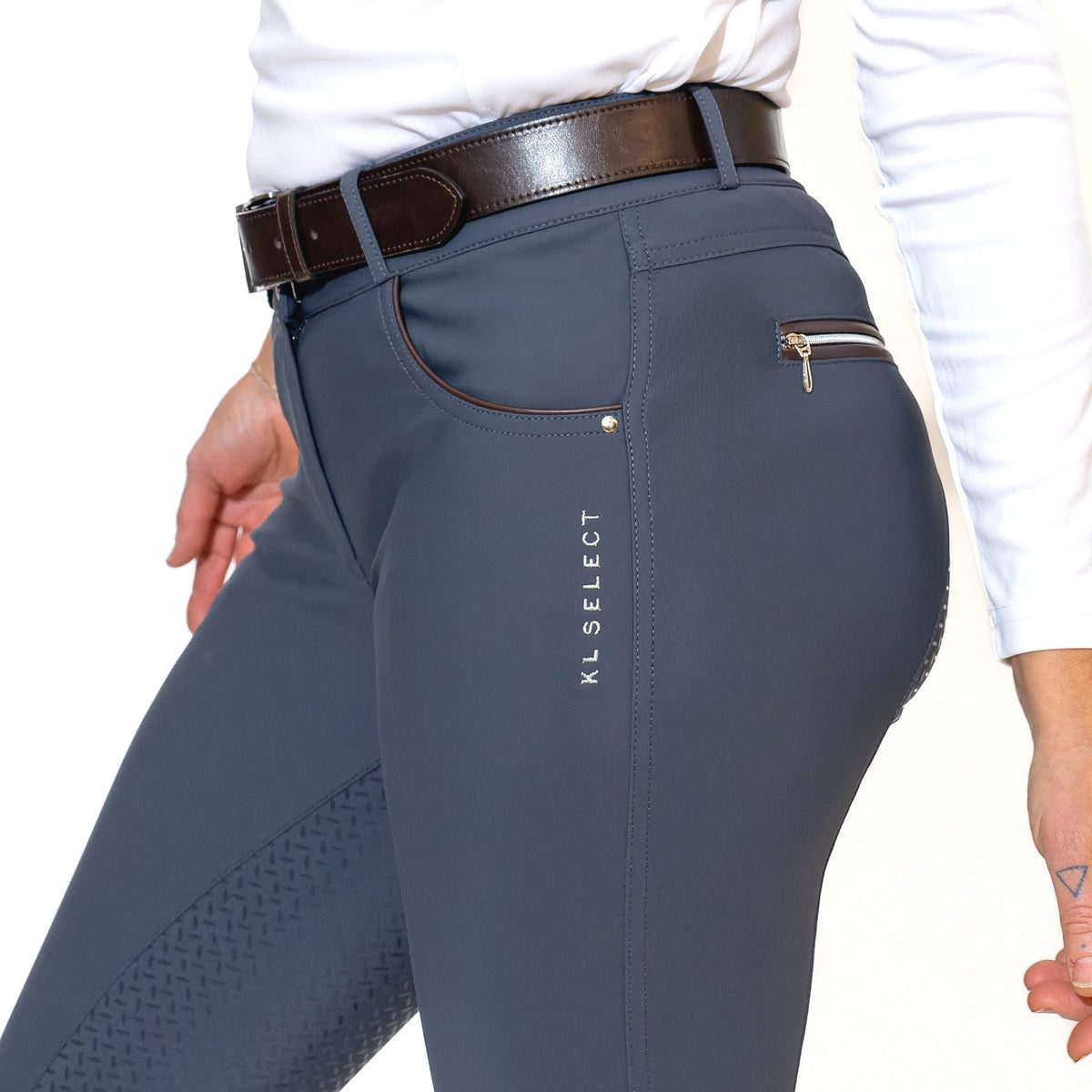 KL Select Women's Gabrielle Full Grip Breeches - Slate/Espresso, side view | Malvern Saddlery