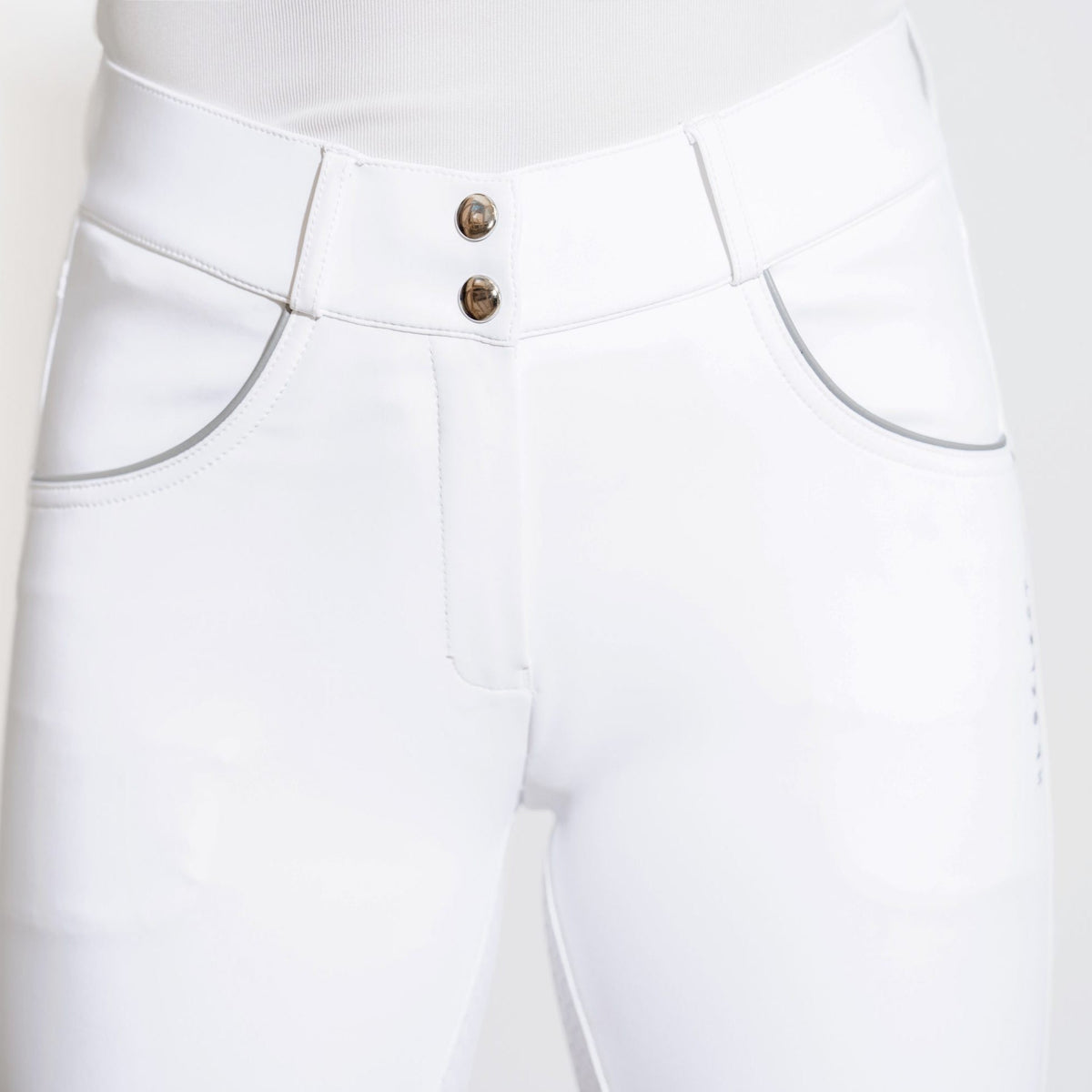 KL Select Women's Gabrielle Full Grip Breeches - White/Gray, front waist and pockets on white background | Malvern Saddlery