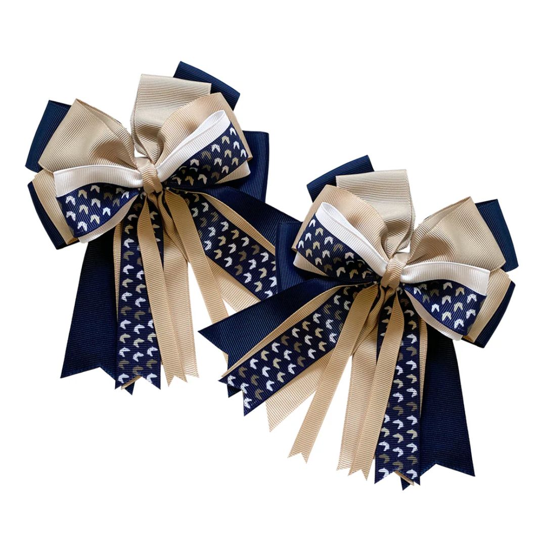 Young Rider Show Bows with Fun Prints - Horsehead print: Navy, tan, white ribbons | Malvern Saddlery