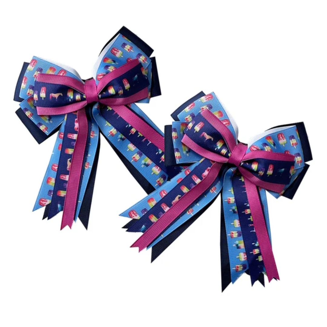 Young Rider Show Bows with Fun Prints - Popsicles & Ponies print: Navy,pink, blue ribbons | Malvern Saddlery