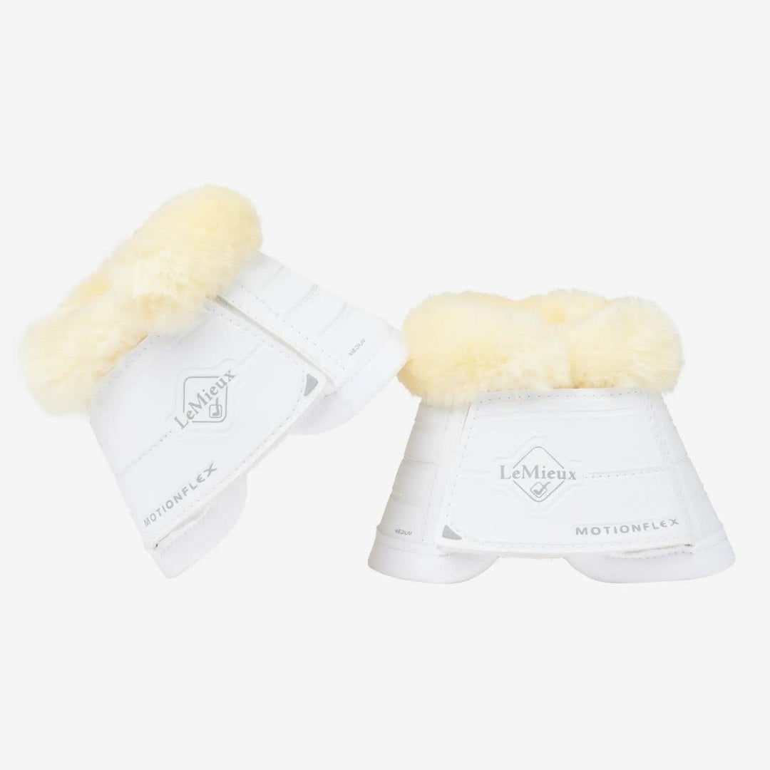LeMieux Motionflex Fleece Overreach Boot - white - pair shown against white background | Malvern Saddlery