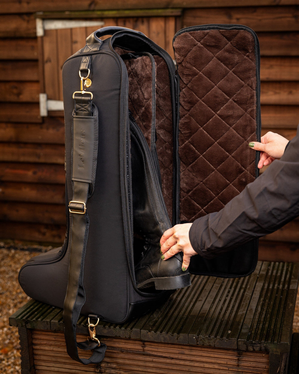 LeMieux Luxe Boot Bag - Black - shown on white background | Rider Travel Bags | Malvern Saddlery