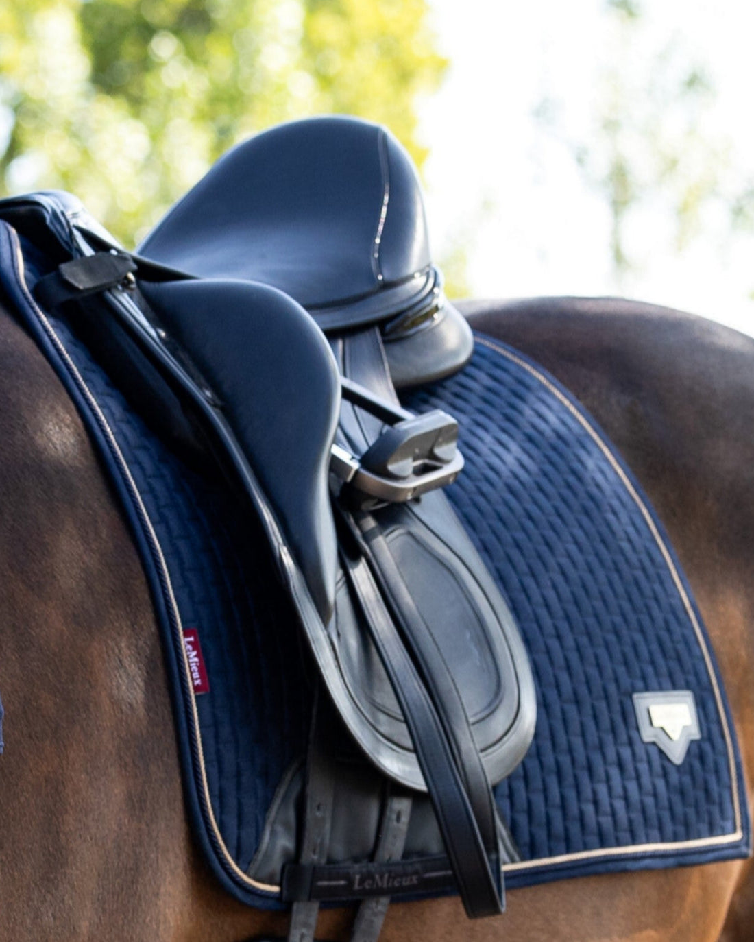 LeMieux Puissance Suede Dressage Saddle Pad - Navy, shown on horse with saddle | Malvern Saddlery