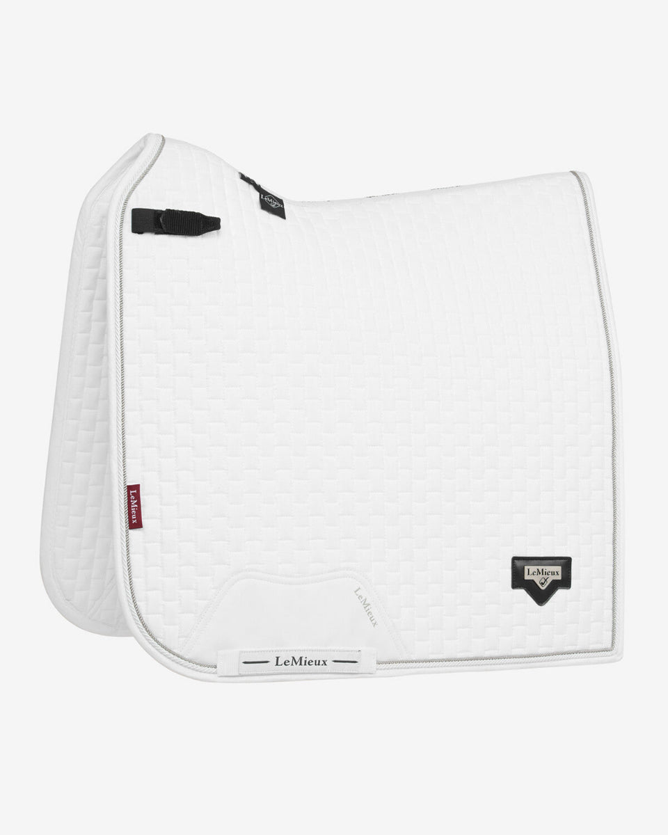 LeMieux Puissance Suede Dressage Saddle Pad - White, shown on white background | Malvern Saddlery