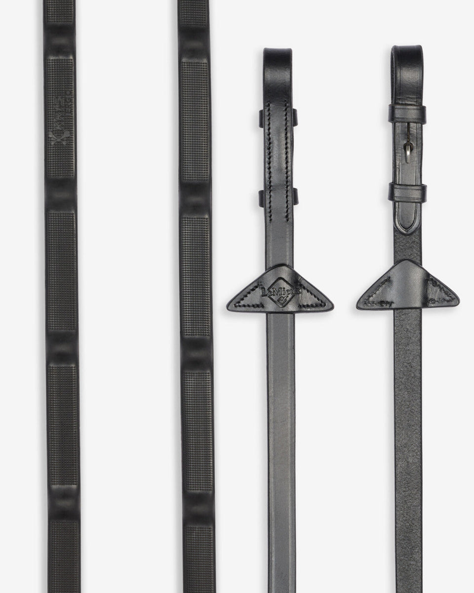 LeMieux Ergo Grip Rubber Reins - Black on white background | Malvern Saddlery
