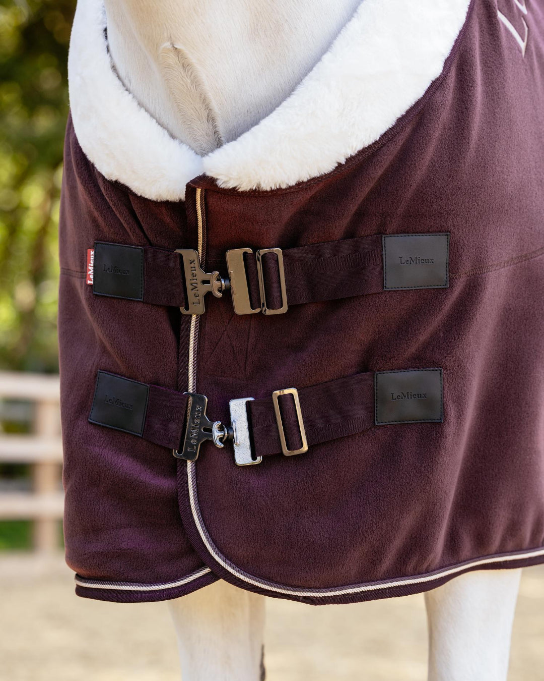 LeMieux Kudos Luxe Fleece Blanket - Damson; close up of front closures shown on horse outside | Horse Blankets | Malvern Saddlery