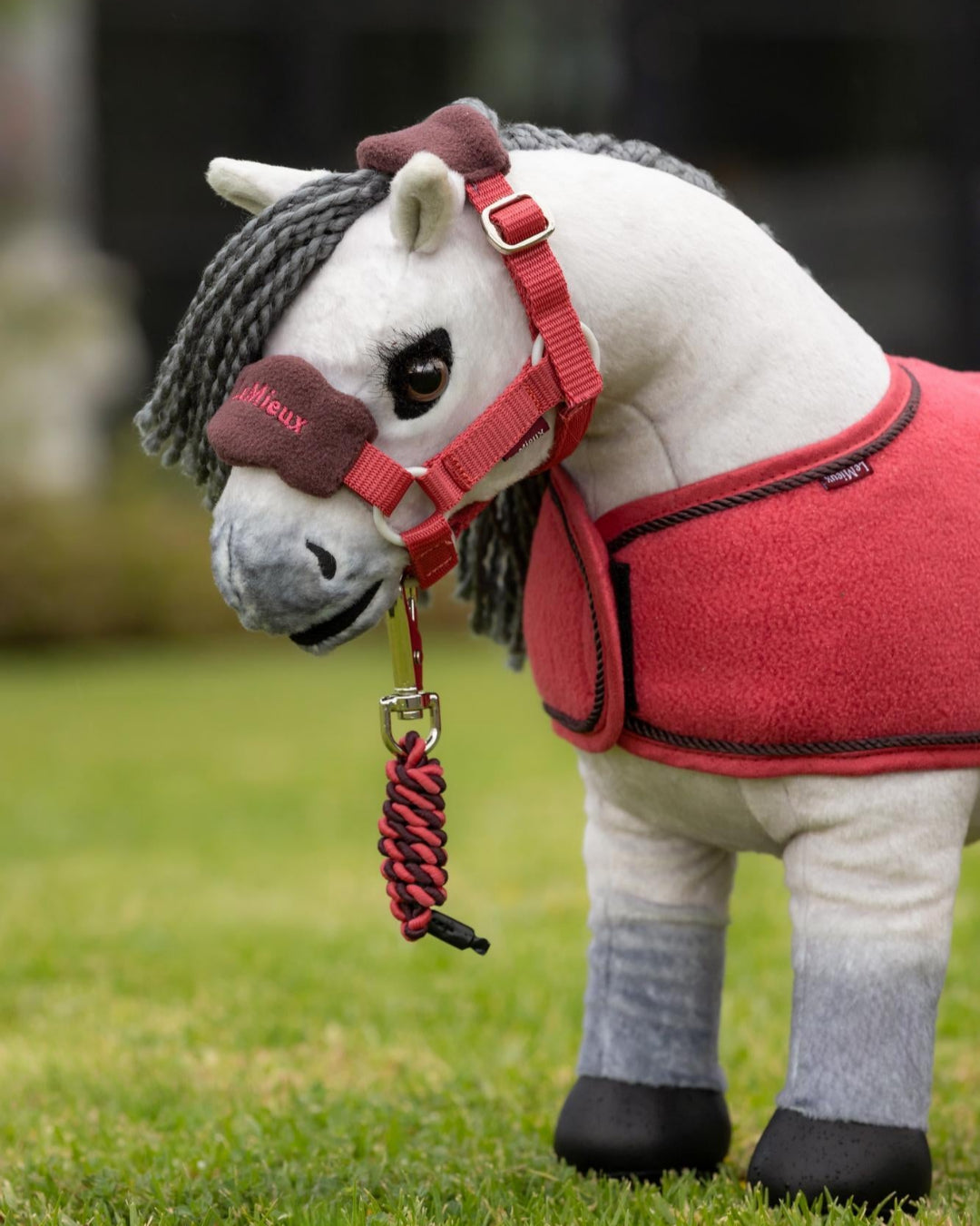 LeMieux Toy Pony Headcollar Halter - Cranberry & Damson, shown on 'Blanca' Plush Animal | Malvern Saddlery