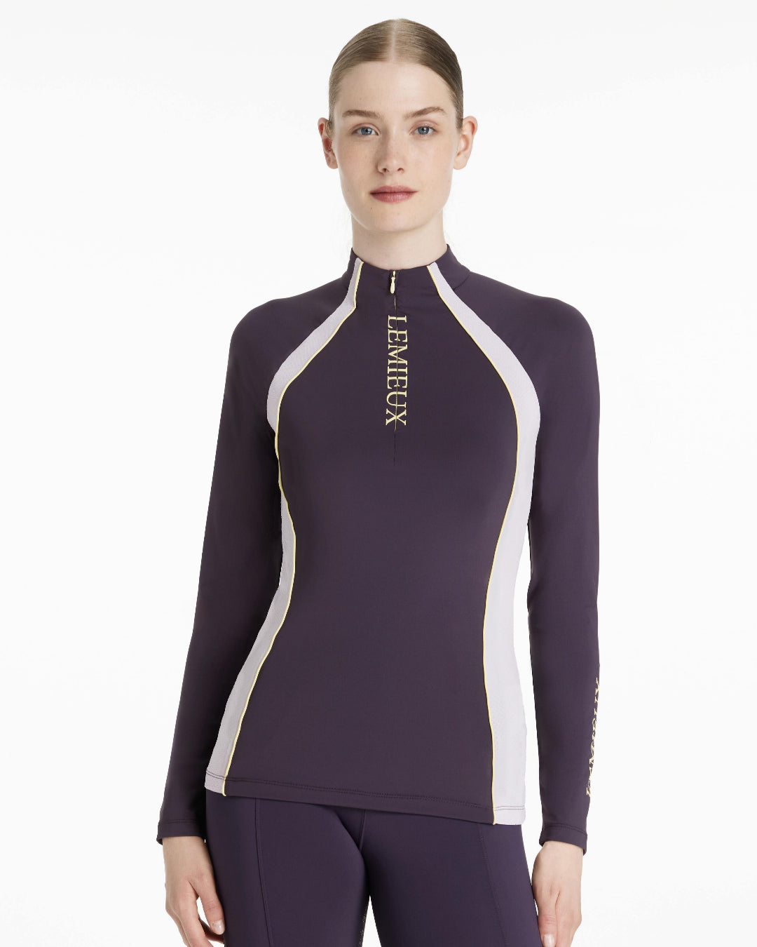 LeMieux Philippa Mesh Ladies Base Layer Top - Juniper Purple, shown on woman | Athletic Wear | Malvern Saddlery