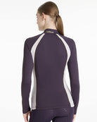 LeMieux Philippa Mesh Ladies Base Layer Top - Juniper Purple, shown on woman, back view | Athletic Wear | Malvern Saddlery