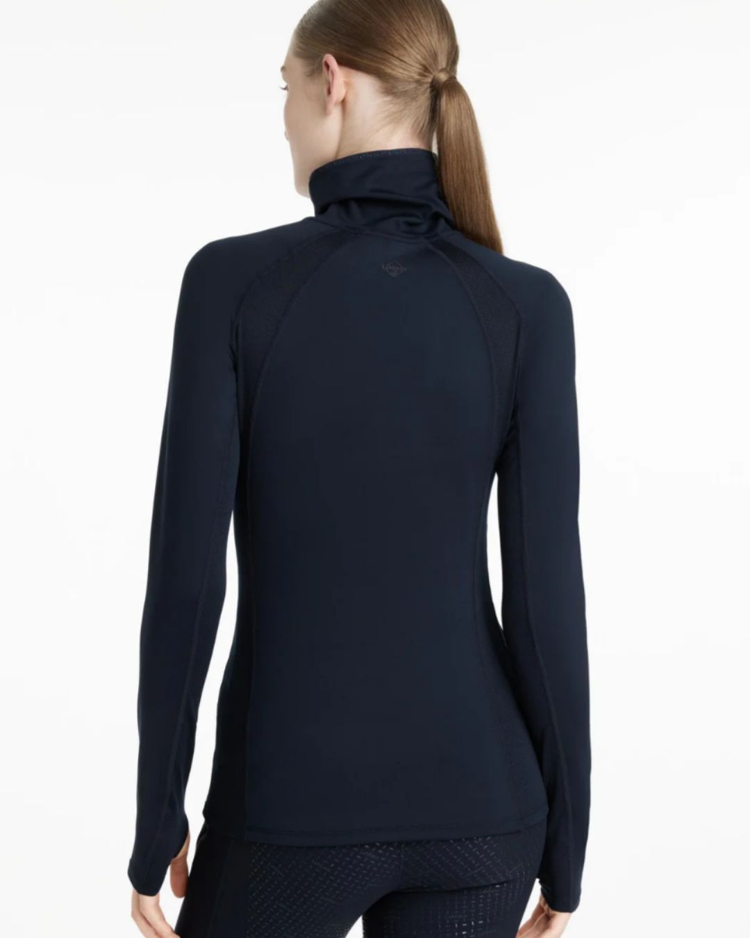 LeMieux Sara Snood Base Layer - Navyshown on model, back view | Ladies Riding Shirts | Malvern Saddlery