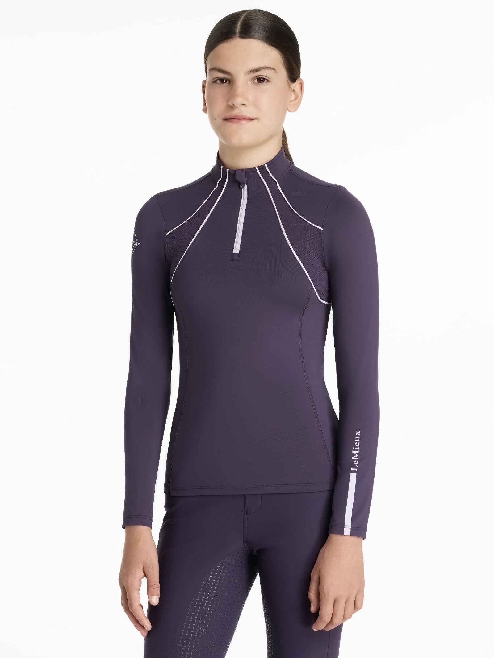 LeMieux Young Rider Mia Mesh Base Layer - Juniper Purple, shown on model on white background | Malvern Saddlery