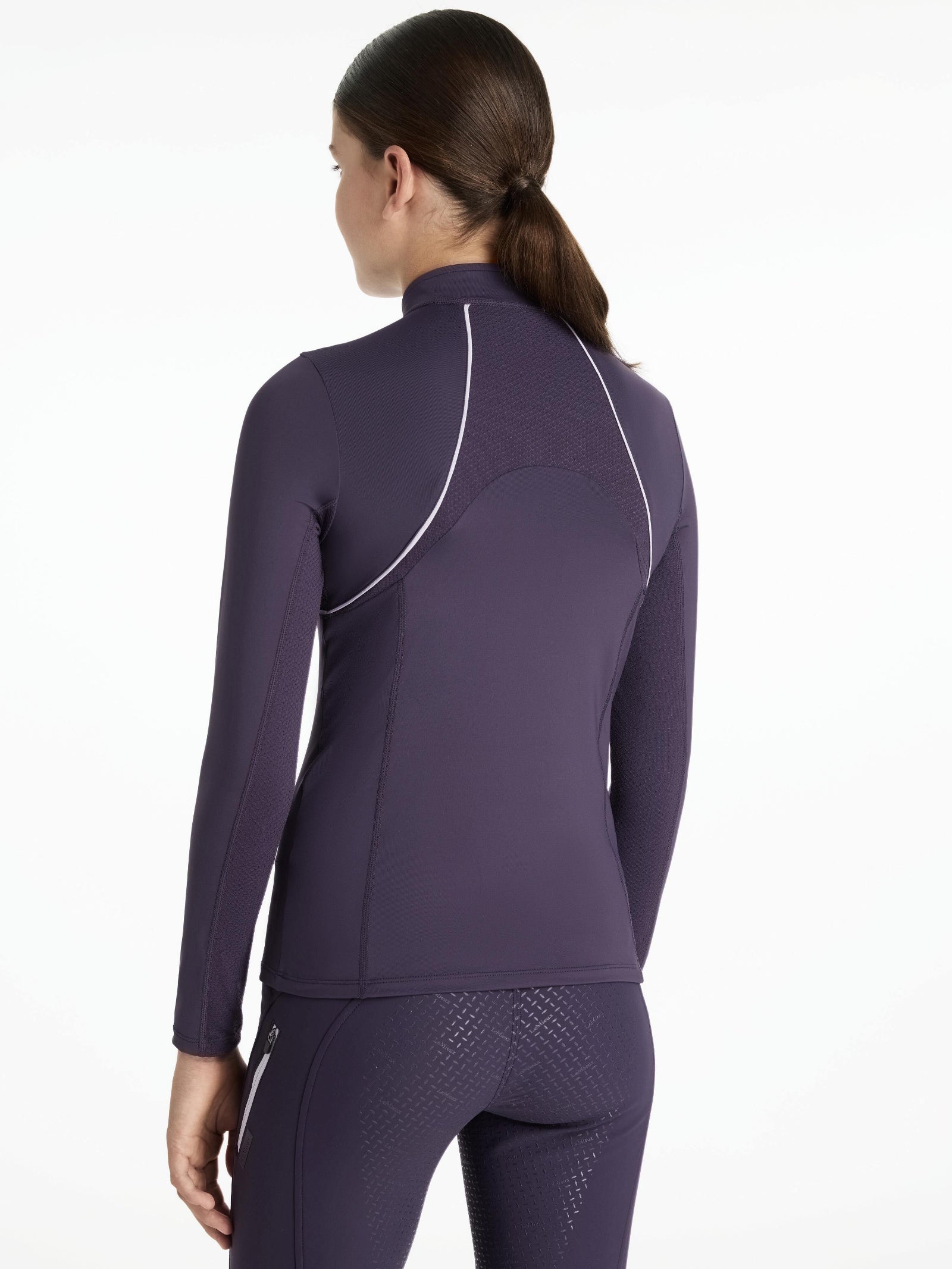 LeMieux Young Rider Mia Mesh Base Layer - Juniper Purple, back view shown on model on white background | Malvern Saddlery