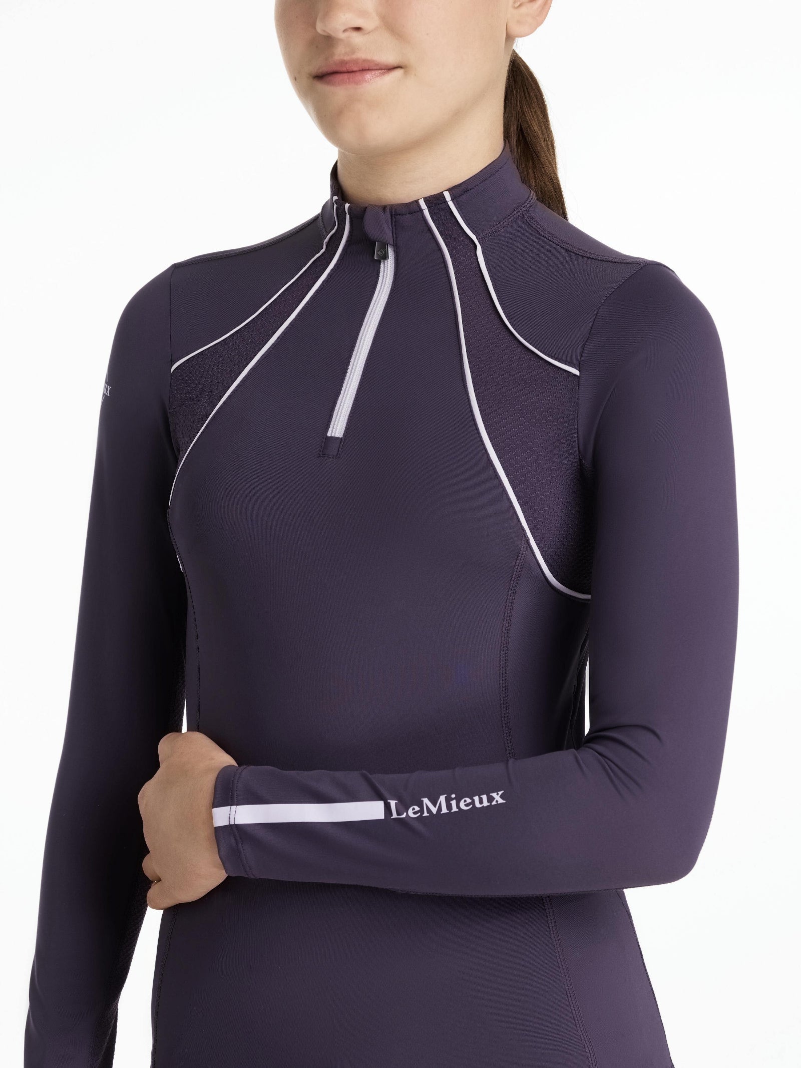 LeMieux Young Rider Mia Mesh Base Layer - Juniper Purple, shown on model on white background | Malvern Saddlery